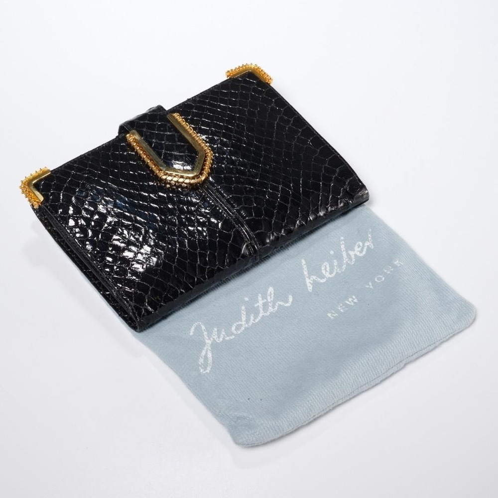 Judith Leiber Black Snakeskin Leather Ladies Tri-Fold Wallet Gold Tone Hardware - Picture 4 of 6